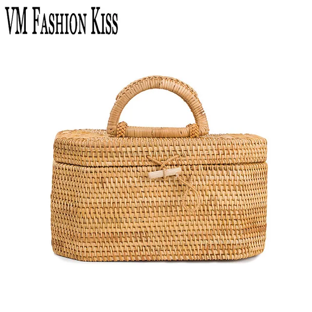 Us 59 99 Vm Fashion Kiss European And American Leisure Straw Bags Vintage Beach Bag For Women Rattan Handbags Travel Tote Lunch Hand In