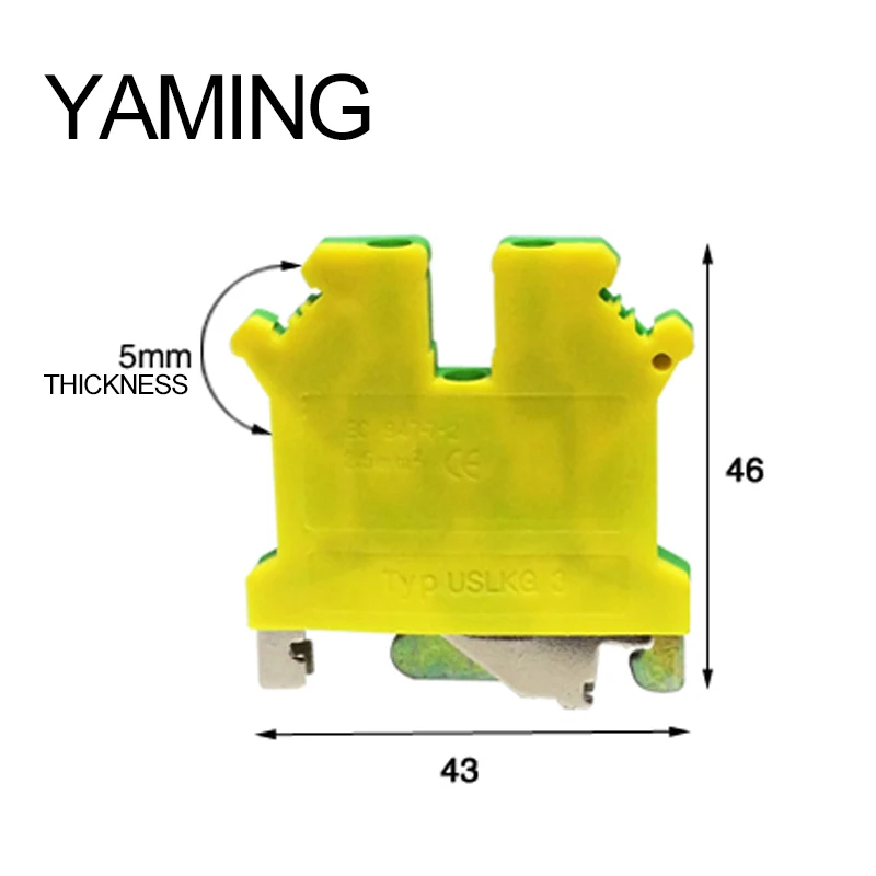 

10pcs/lot USLKG3 UK series 800V 34A Yellow and Green Ground Terminal Blocks General Purpose Guide Type UK3N 2.5mm2 Square