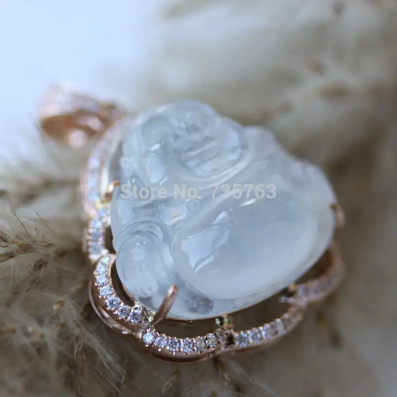 

xiuli 0014734 Certified Natural Icy Clear Jadeite Jade Buddha 18K Rose Gold Pendant