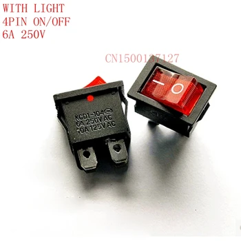 

5pcs 4PIN ON/OFF 6A 250V Large ship switch with light red light KCD1-104 Rocker switch