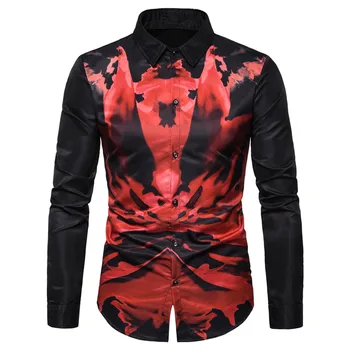 

2019 New Foreign Trade Fashion Personality Ink Printing Square Collar Row Button Large Size Men's Long-sleeve Shirt