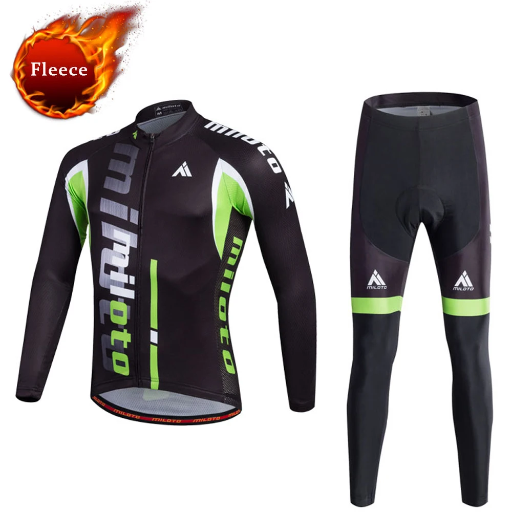 Fleece Men's Long Sleeve Cycling Jerseys Sets Black Mountain Bike