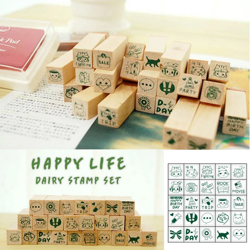ZOPHIL 25pcs Wooden Stamps Sets Scrapbooking Stamping DIY Crafts Rubber