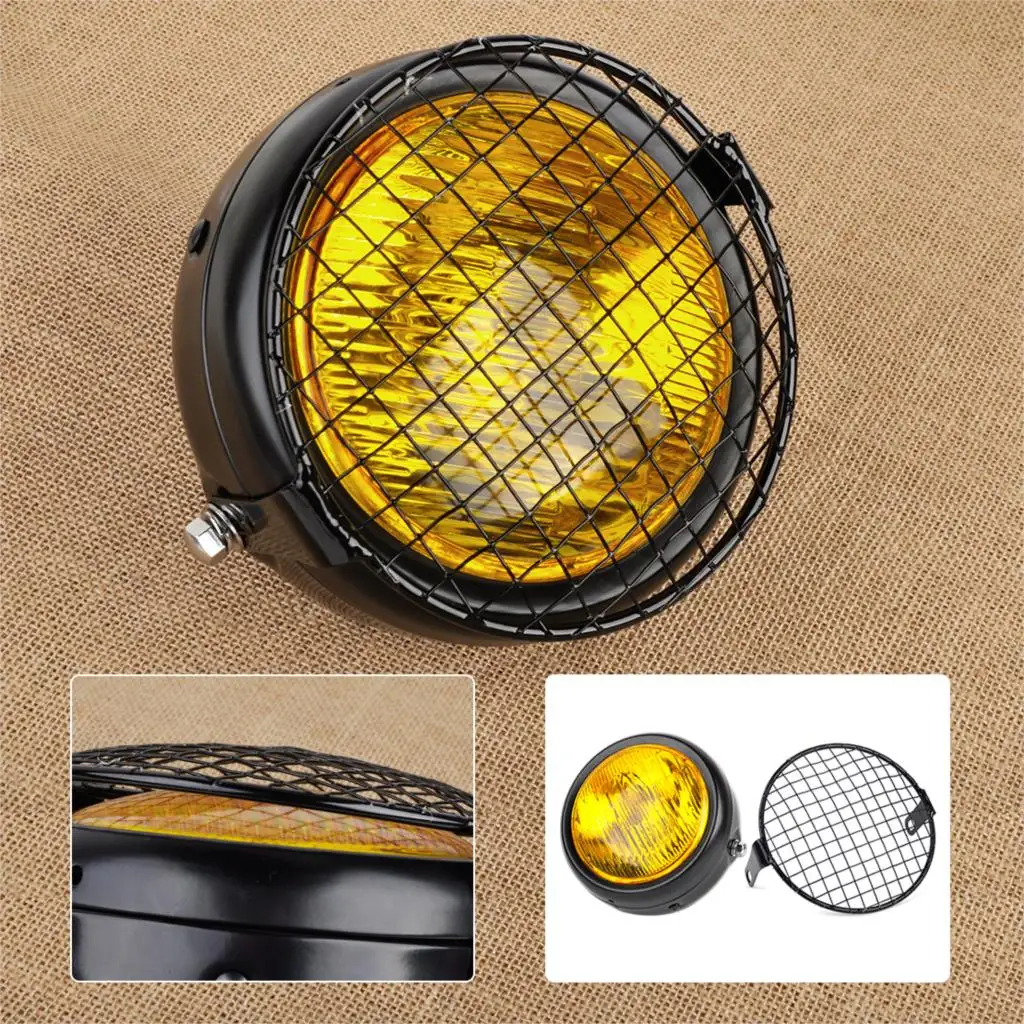 CITALL Motorcycle Motorbikes Retro 12V Amber Lens Round Lamp Headlight & Grill Cover Vintage for