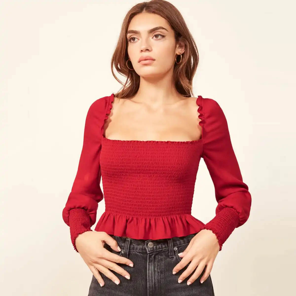 Jastie Square neckline Puff Sleeve Shirt Blouse Smocked Bodice ...