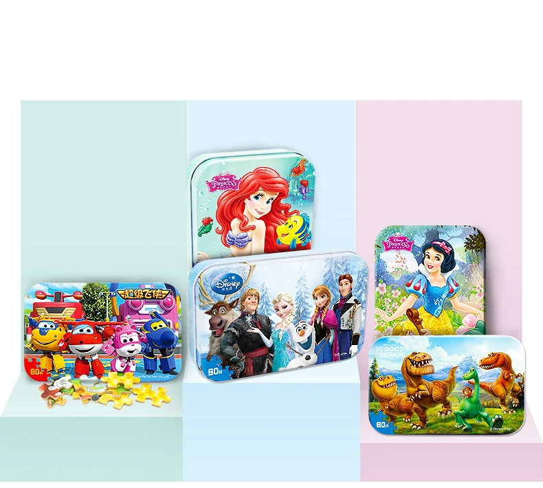 Disney Iron Box Puzzle Wooden Toys Early Learning 60 Pieces Mickey Ice Snow Princess Sophia Racing Puzzle