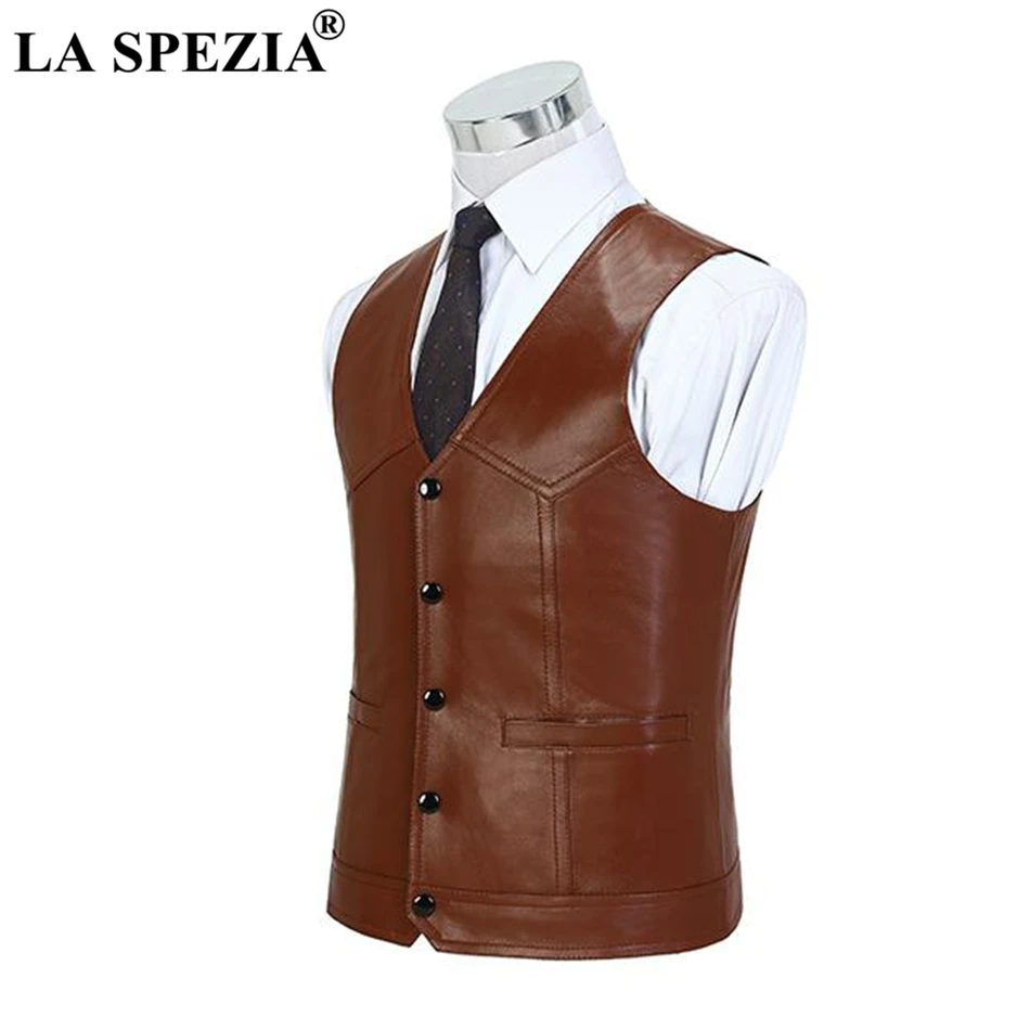 LA SPEZIA Brown Waistcoat For Men Genuine Sheepskin Leather Slim Fit Classic Vest Natural Leather Luxury Brand Sleeveless Jacket