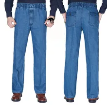1417 весенние Формальные Прямые джинсы мужские модные маленькие карманы эластичный пояс папа джинсы для людей среднего возраста свободный эластичный пояс синий деним