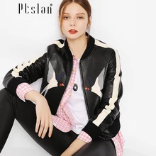 Ptslan Lamb Leather autumn new high Fashion street brand style Women real Leather Short Jacket Outerwear top quality