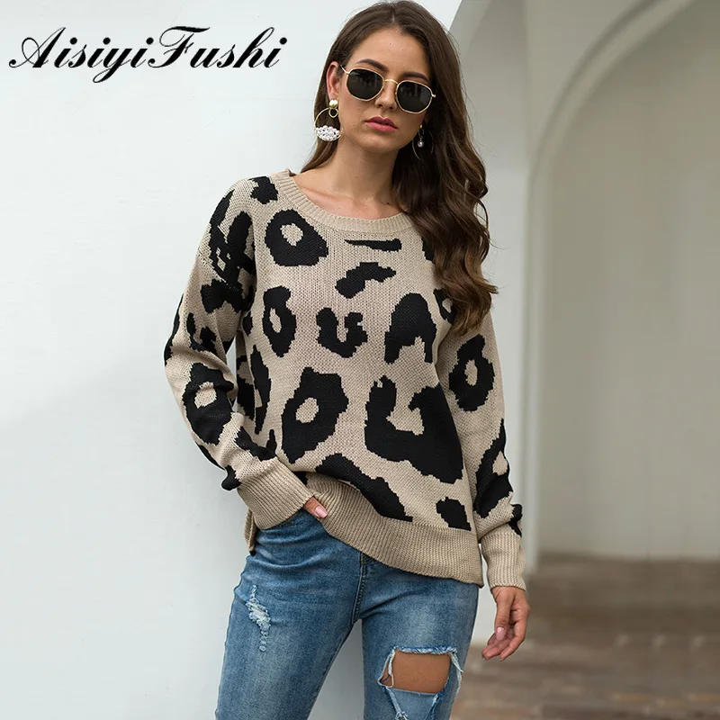 

2019 Leopard Sweater Autumn Plus Size Long Sleeve Knitted Sweater Loose Pullover Sweaters Women Jumper Pullovers Loose Femininas