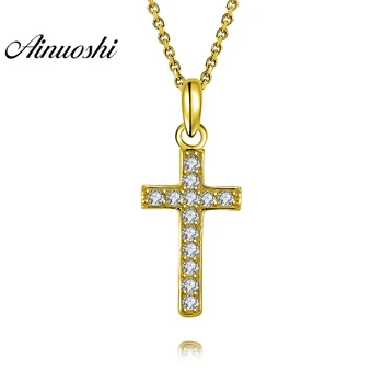 

AINUOSHI 14K Solid Yellow Gold Pendant Fine Cross Pendant SONA Diamond Women Men Gold Jewelry Christian Cross Separate Pendant
