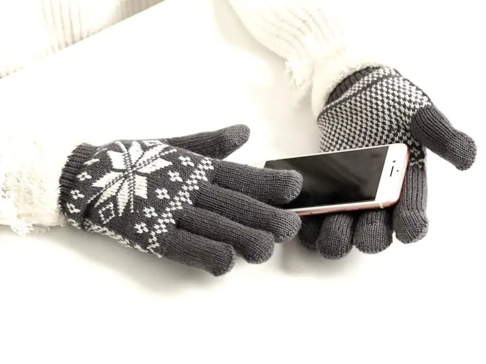 Теплые женские зимние перчатки, шерстяные вязаные наручные перчатки для женщин и мужчин, с рисунком снежинки, полный палец, унисекс, перчатки, варежки, подходят ко всему - Цвет: gray