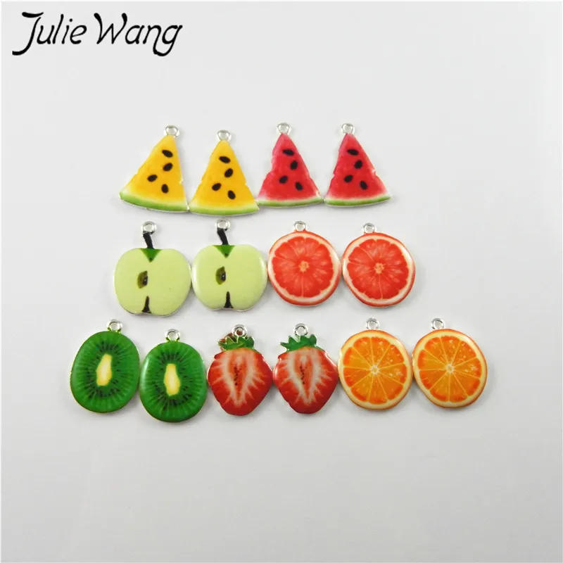 Julie Wang 10pcs Green Apple Kiwi Orange Strawberry Cute Fruit Shape Enamel Alloy Little Charms Women Jewelry Findings Hot Sale