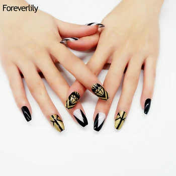 

New 24Pcs Elegant Long Acrylic Coffin Nails Tips Solid Black Geometric Line Gold Glitter Medium Oval Full Cover False Nails