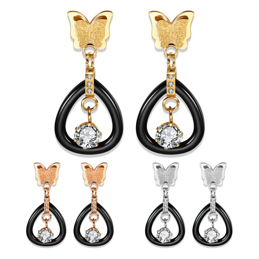 

New Luxury 3 Colors Butterfly Ceramic Drop Earrings for Women Girls Stainless Steel Cubic Zirconia Earrings