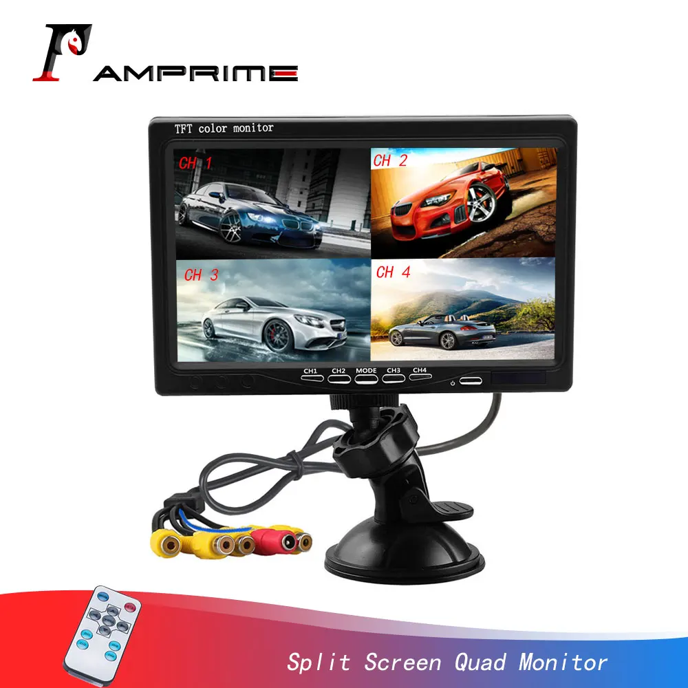 AMprime 7'' Split Screen Quad Monitor 4CH Video Input Color Image Windshield Style Parking Dashboard Reversing Displayer |