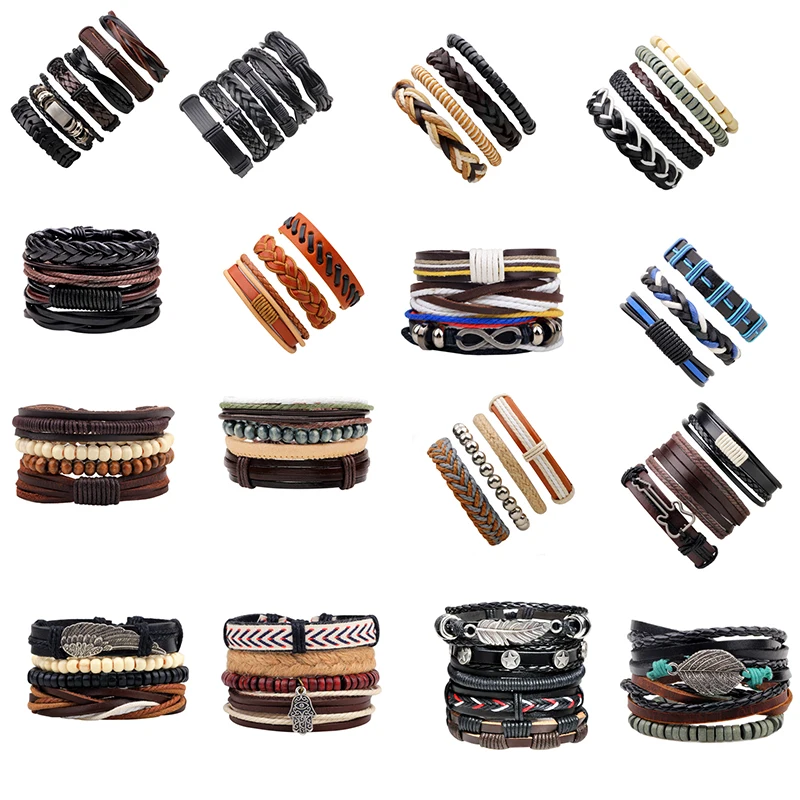 

2018 Vintage Leaf Feather Multilayer Leather Bracelet Men Fashion Braided Handmade Rope Wrap Bracelets & Bangles Male Gift