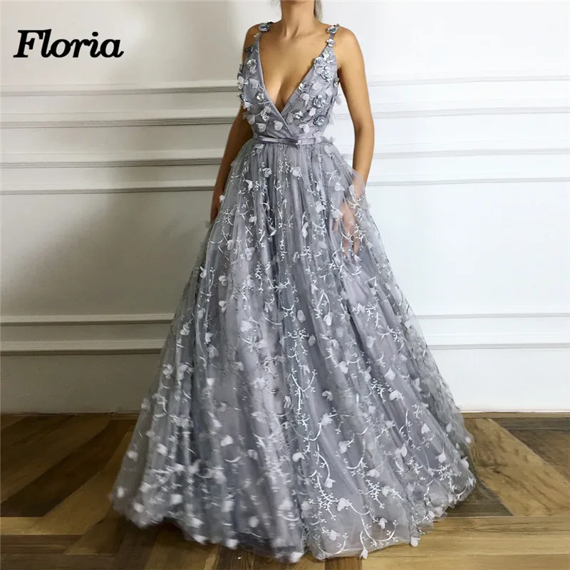 

Luxury 3D Flower Evening Dresses Dubai Turkish Arabic V Neck Pageant Dress Glitter Formal Prom Engagement Gowns Robe de soiree