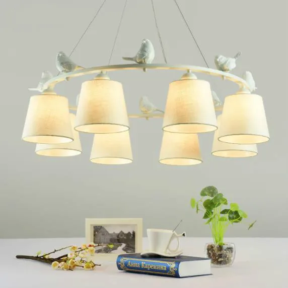 Птицы светодиодный Люстра с льняные абажуры E27 волоконные люстры для Гостиная Романтический осветительные приборы для кухни