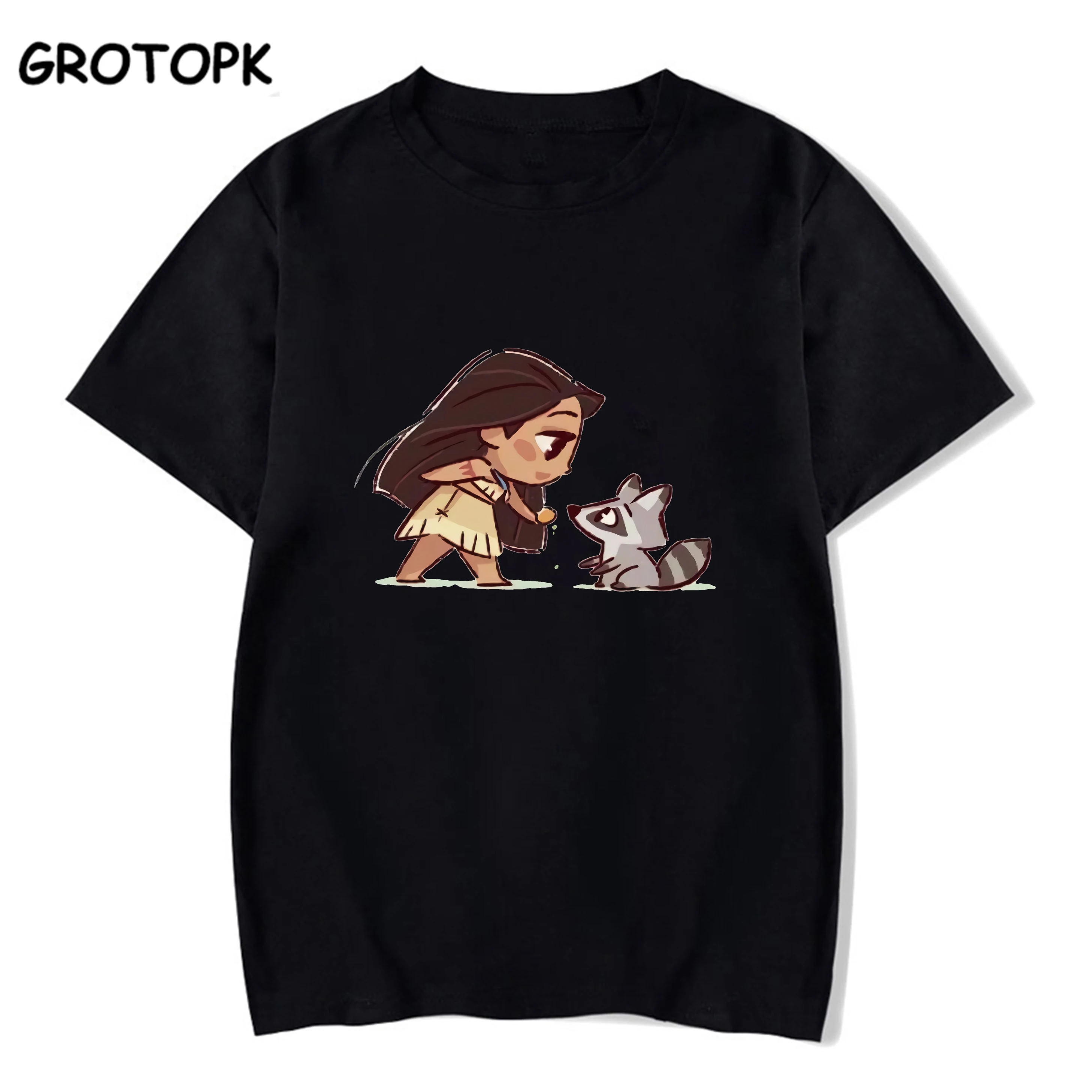 

2019 New Harajuku Aesthetic Princess Pocahontas Prints Women T Shirt Summer Casual Short Sleeve O Neck T-shirt Black TShirt Tops