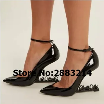 

Black Patent Leather Women Pumps Sexy Pointy Toe Strange High Heels Stiletto Shoes Women Ankle Strap Runway Party Stiletto Heels