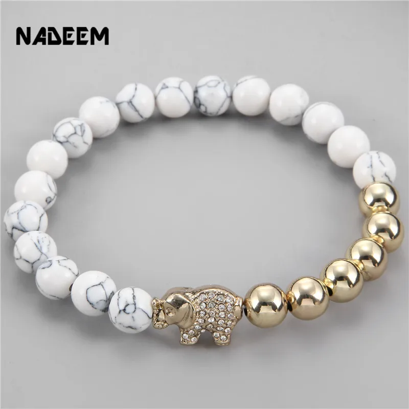 

NADEEM Drop Shipping 8mm White Howlote Stone Bead Micro Pave CZ Gold Color Elephant Charm Girl Bracelet For Men Women Jewelry