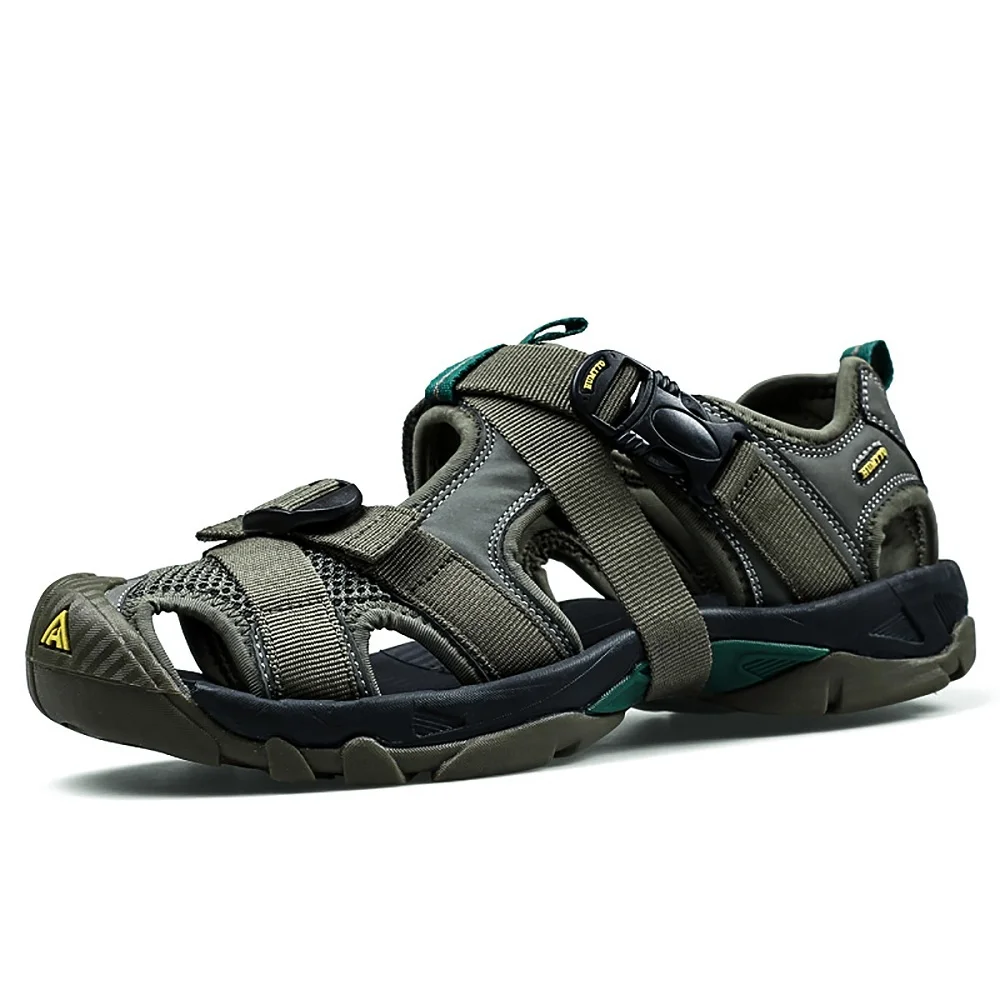 HUMTTO уличная пляжная обувь сандалии мужские кроссовки летние легкие с закрытым носком на платформе треккинговые ботинки на липучке - Цвет: Темный хаки