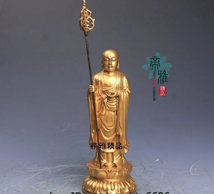 Тибетская старая Чистая медь 24K золото позолота Tangseng Jizo Ksitigarbha статуя Бодхисаттвы