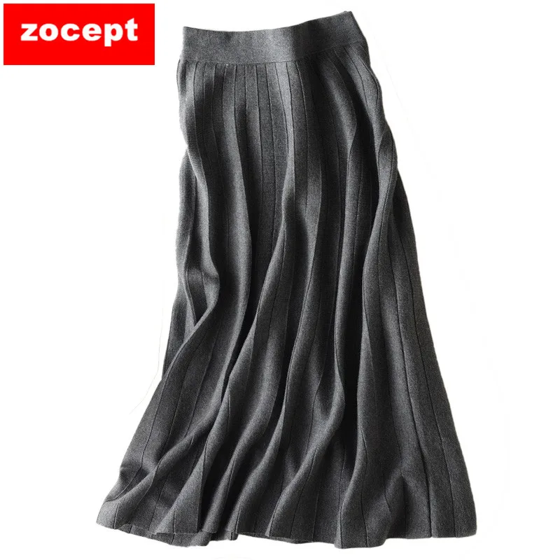 Kopen 2018 zocept Cashmere Blend Rok Vrouwen Lente Herfst Winter Warm Gebreide Effen Kleur Geplooide Ontwerp Stijl Zwart En Grijs Rokken