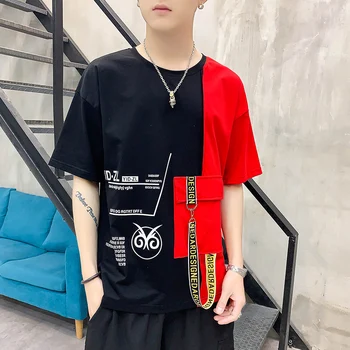 

Short-sleeved Men's T-shirt 2019 Summer New Harajuku Pocket Color Matching Hip-hop Wind T Shirts Tops Men