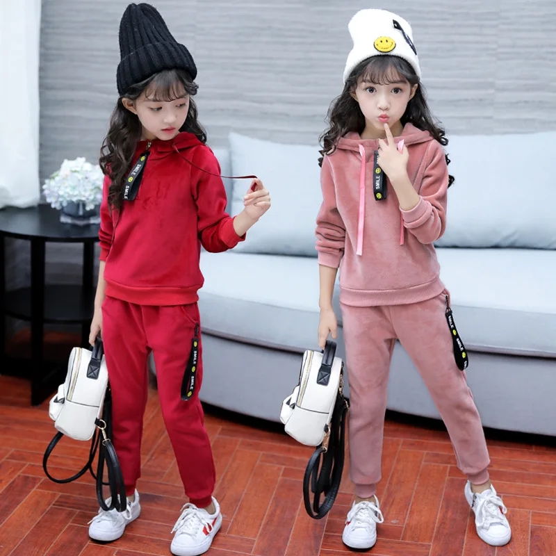 

2017 New Girls Sports Suit Gold Velet Children Clothing Sets Baby Kids Sportswear Big Girls Hoodies Shirt & Pants Twinset Suits
