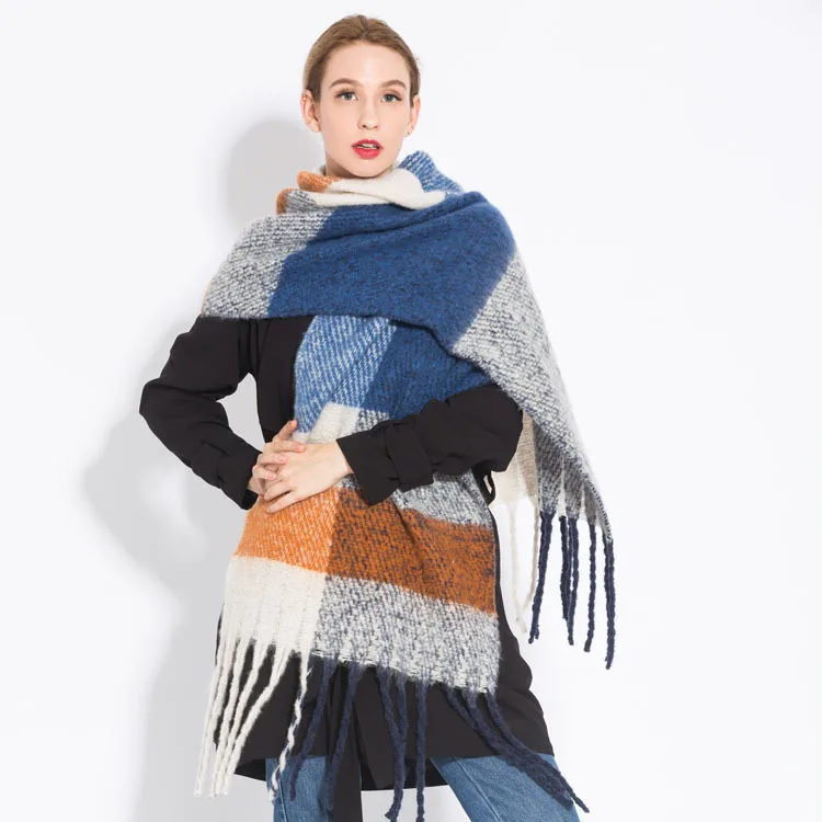 TagerWilen, роскошный бренд,, зимний шарф, женский, вязанный, шерсть, шарфы, плотный, теплый, в клетку, шаль, шарф, пончо, Пашмина, с кисточками