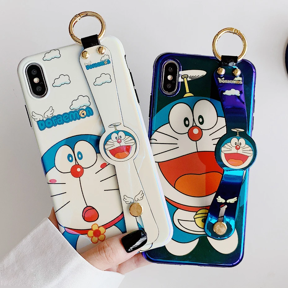 

Case for iPhone X XR XS Max Doraemon Luxury Cute Cartoon Blue Ray Anime Wrist Strap Stand Cover for iPhone 6S 6 7 8 Plus Coque