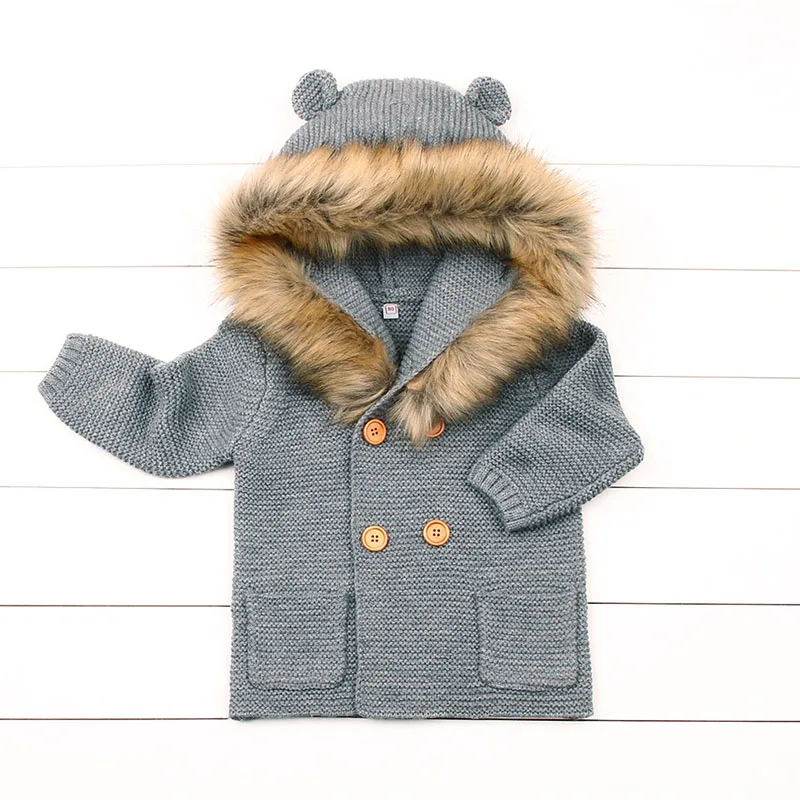 Вязаный свитер для маленьких мальчиков и девочек зимний детский джемпер с капюшоном в японском стиле с меховым воротником и карманами - Цвет: grey