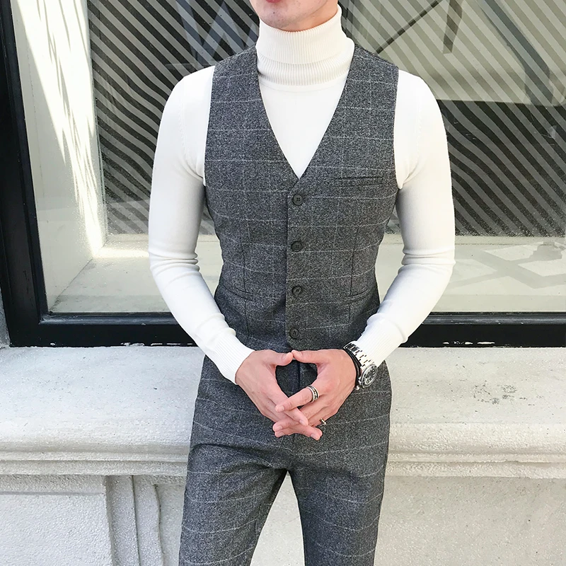 Plaid Vests For Men Slim Fit Mens Suit Vest Male Waistcoat Gilet Homme Casual Sleeveless Formal Business Formal Dress Plus size