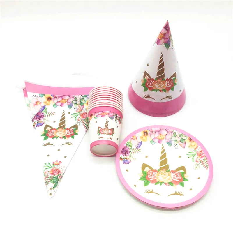 

Pink Unicorn Theme Design 80pc Paper Caps Banners Boy Girl Birthday Party Baby Shower Cup+Plate+Flag+Hat Decoration Set Supply