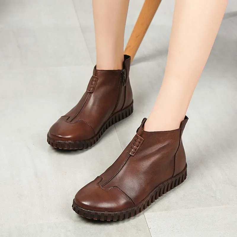 

2018 autumn and winter new leather ankle boots side zipper handmade booties first layer leather soft bottom wedge boots