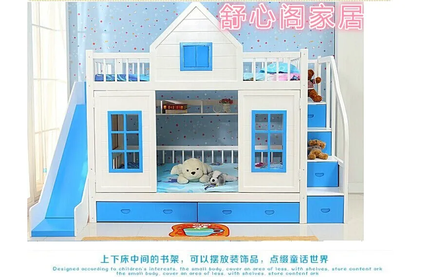 Children Bunk Bed Wooden 2 Floor Ladder Ark With Slide Bed Pink