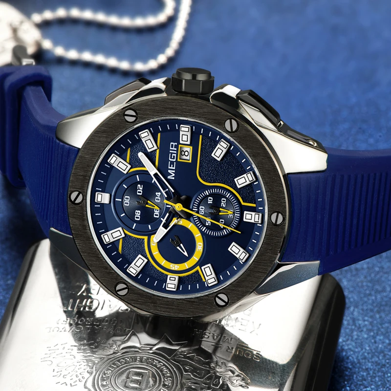MEGIR 2020 Fashion Men Sport Watch with Chronograph Waterproof Silicone Quartz Military Men Watches