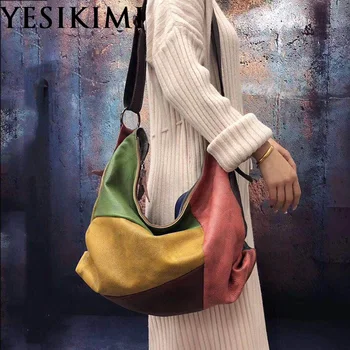 

2019 New Vintage Genuine Leather Women's Hobos Bag Half Moon Random Patchwork Colorful Big Shoulder bags 45*38cm