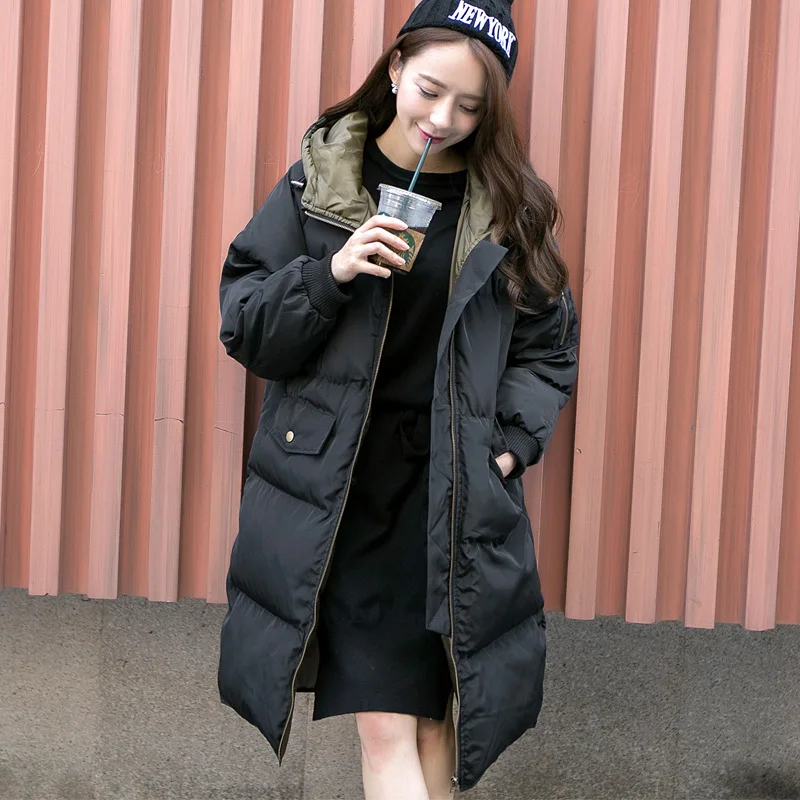 Корейский стиль манто Femme Hiver с капюшоном Длинные пара новая мода зимняя куртка