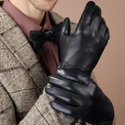 Модные Для мужчин овчины перчатки наручные сплошной из натуральной кожи Мужская зимняя Touch теплый водительские перчатки Бесплатная