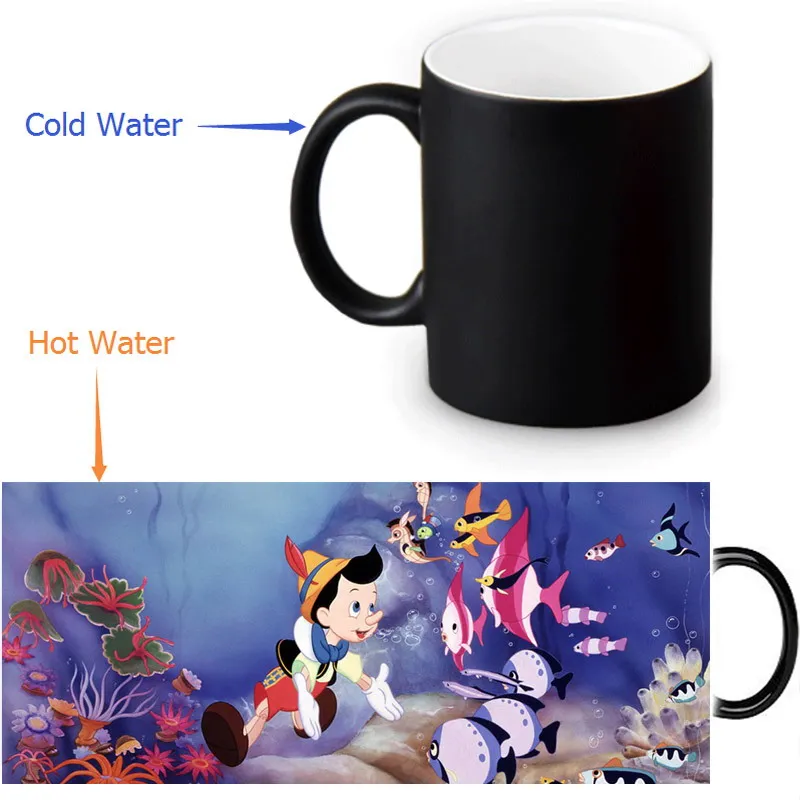 

2017 Custom 12oz Morphing Mugs Pinocchio Coffee Tea Milk Mug Hot Cold Heat Sensitive Color Changing Black Ceramic Cup