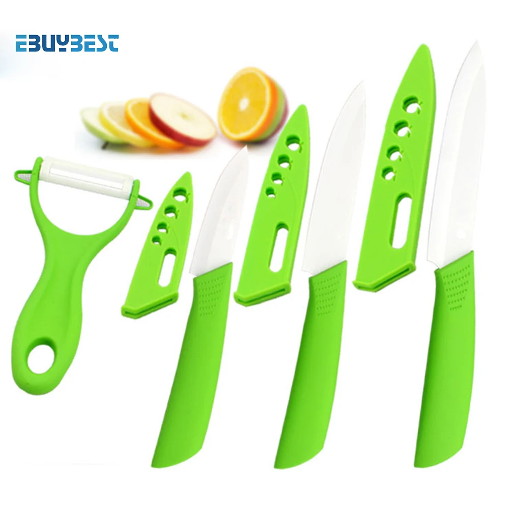 Набор керамических ножей из четырех частей " 4" " дюймов+ Овощечистка+ крышки, кухонные ножи с зеленой ручкой, керамические ножи для очистки овощей