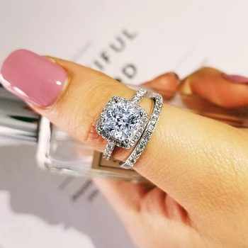

2020 new luxury cushion original 925 sterling silver wedding ring set for women lady anniversary gift jewelry wholesale R5146S