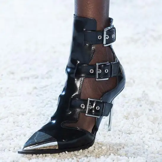 VIISENANTIN Gladiator Summer Sandal Bootie Metal Thin Heel 3 Rivets Buckle Strap Pointed Toe Sexy Cut Out Sandal Cool Shoe