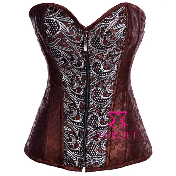 Brown Jacquard Satin Sexy Front Zipper Corset Corselet Women Gothic