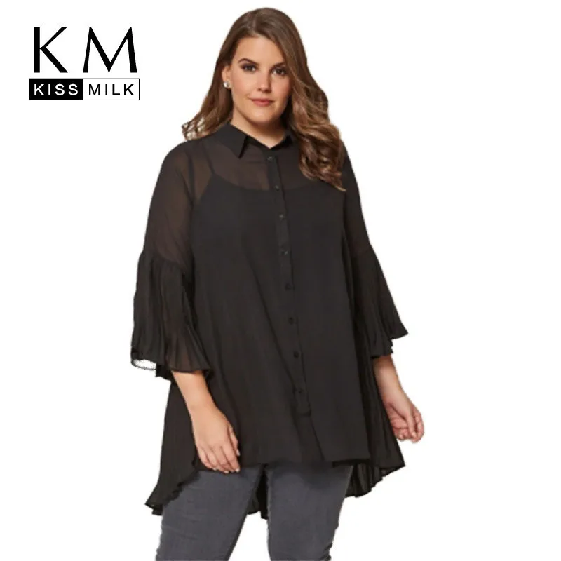 

Kissmilk Plus Size Women Clothes Simple Solid Color Commute Asymmetric Hem Fold Stitching Shirt