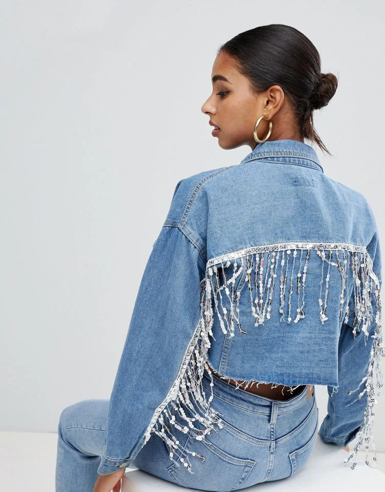 Tassel Sequined denim jacket coat women casual loose denim jackets