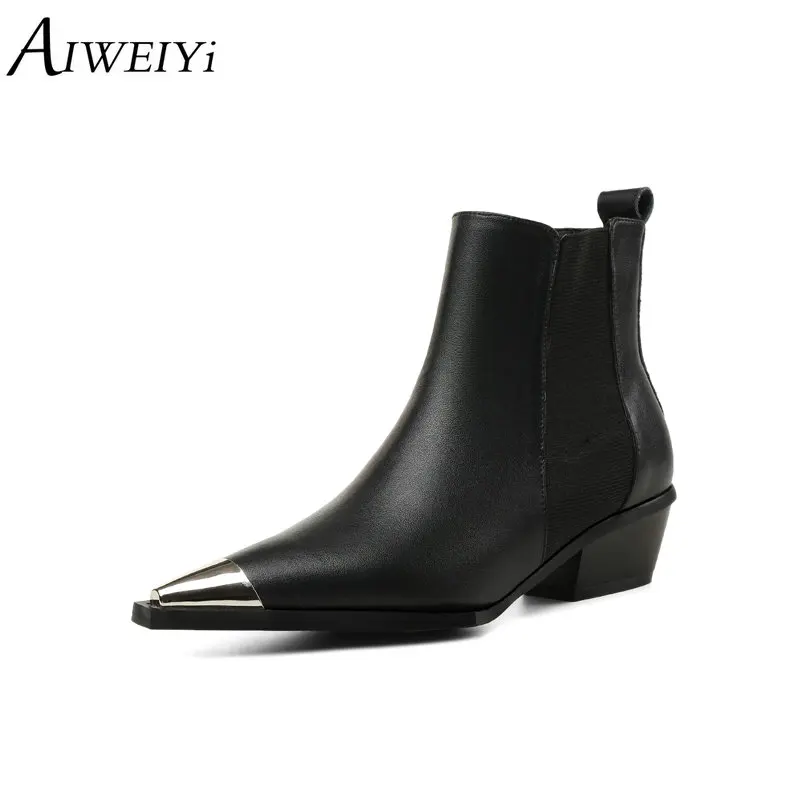 

AIWEIYi Black Martin Boots for Women Pointed toe Thick Heels Platform Shoes Autumn Winter Ankle Boots Motorcycle Botas Shoes